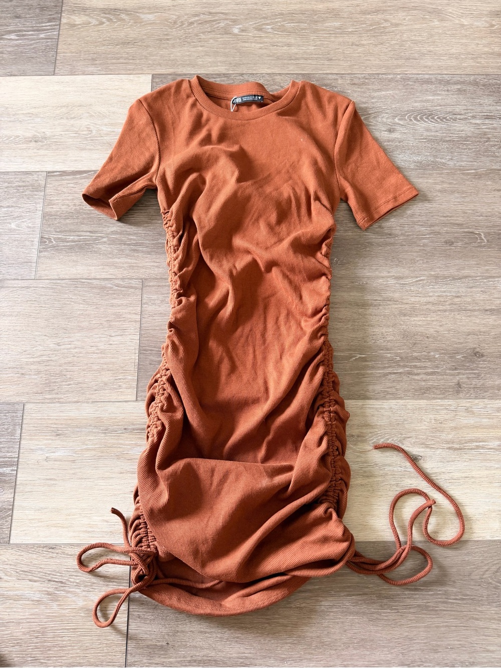 Zara Ruched Ribbed Brown Mini Dress - Size M